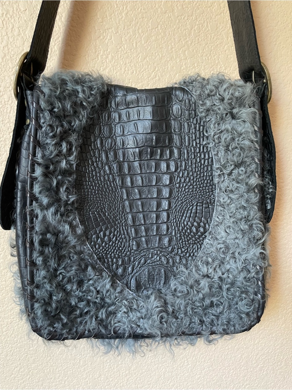Handmade Elena Girardi Real Fur Real Leather Crocodile Embossed Flap Bag Italy